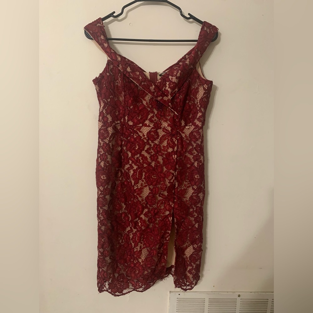 Lulu’s red lace off-the-shoulder body-con dress